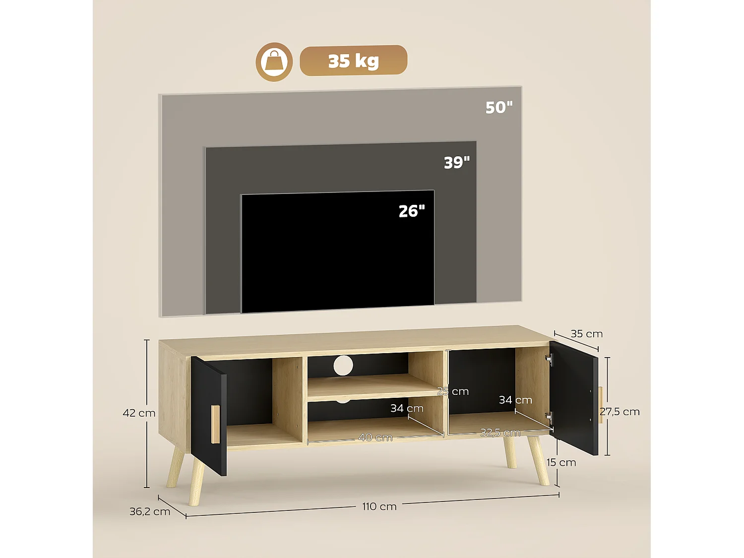 Meuble TV banc TV design scandinave 2 portes 2 niches - noir effet chêne clair