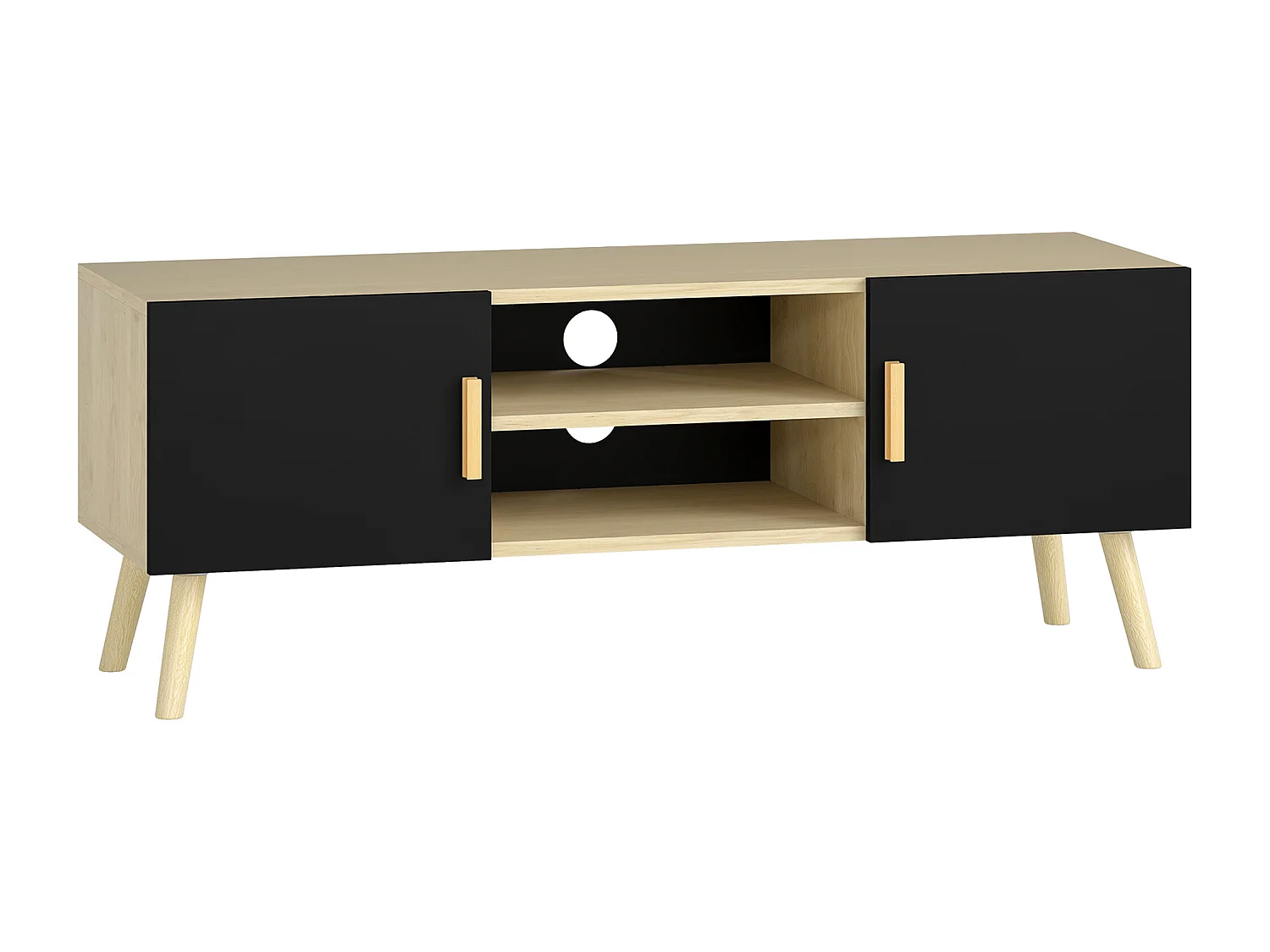 Meuble TV banc TV design scandinave 2 portes 2 niches - noir effet chêne clair