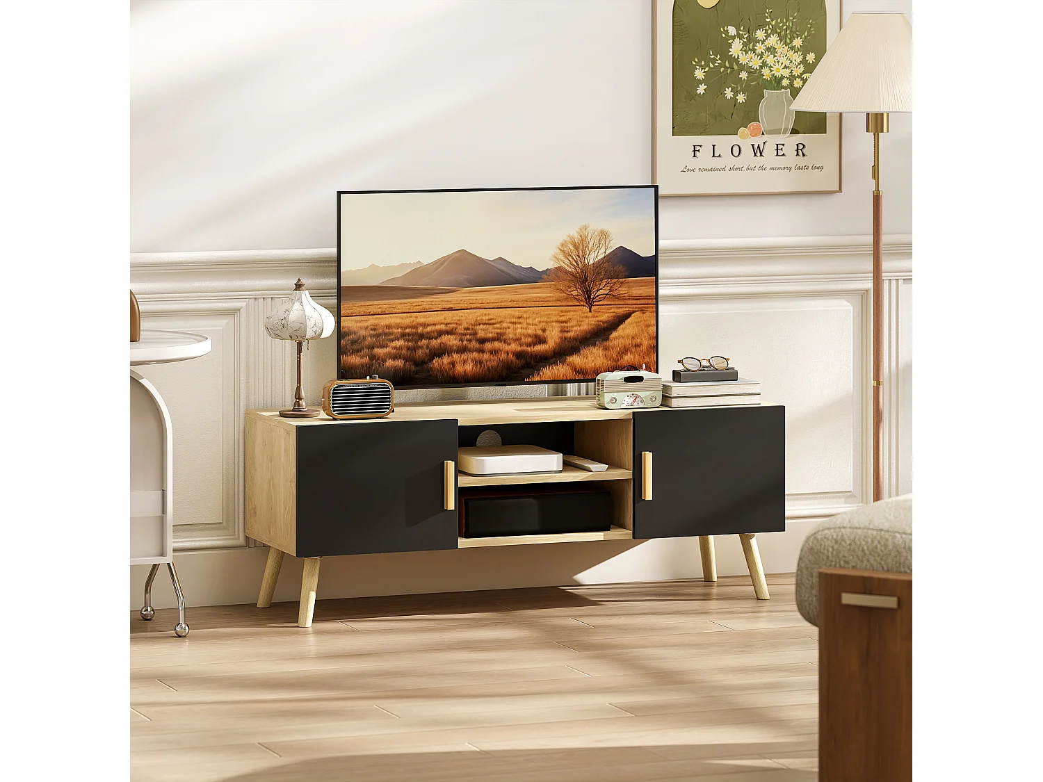 Meuble TV banc TV design scandinave 2 portes 2 niches - noir effet chêne clair