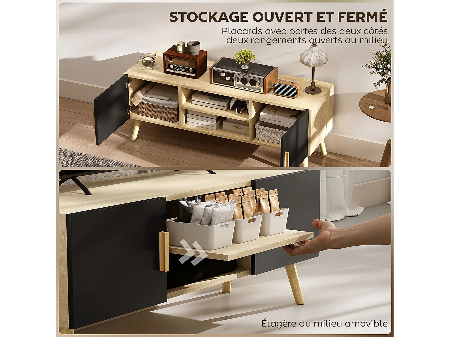 Meuble TV banc TV design scandinave 2 portes 2 niches - noir effet chêne clair