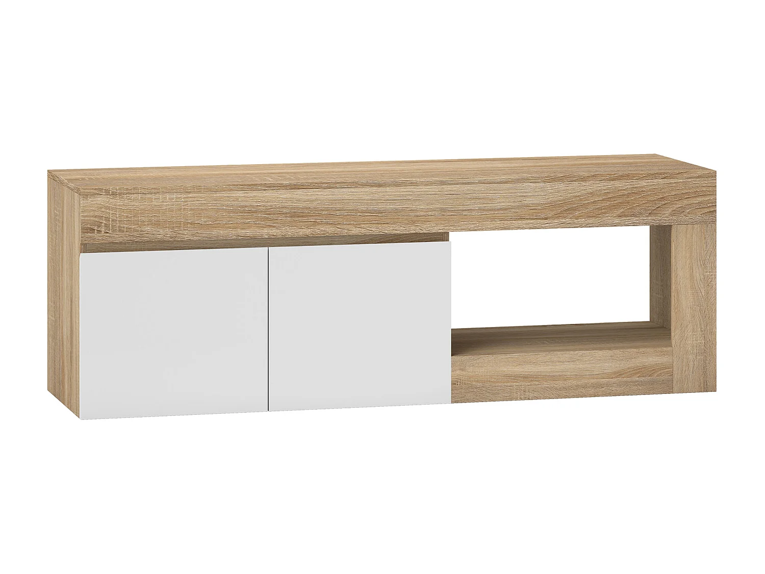 Meuble TV style moderne bicolore 2 portes grande niche dim. 140 x 40 x 48 cm blanc effet bois naturel