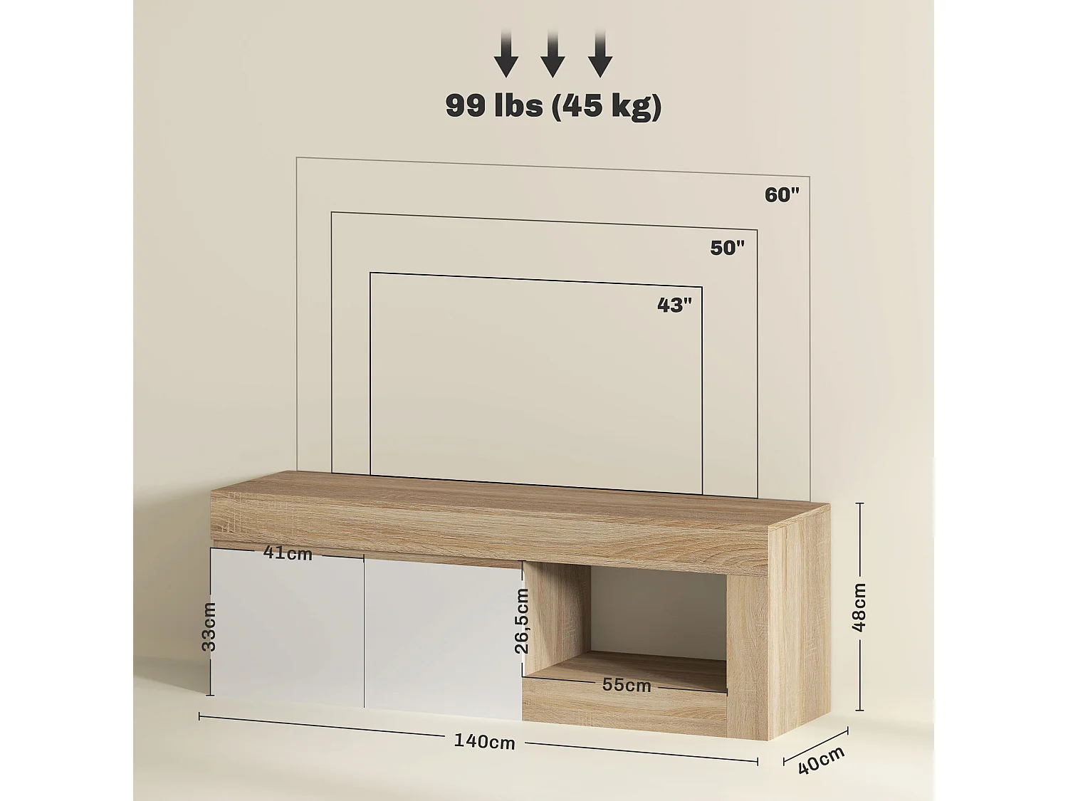Meuble TV style moderne bicolore 2 portes grande niche dim. 140 x 40 x 48 cm blanc effet bois naturel