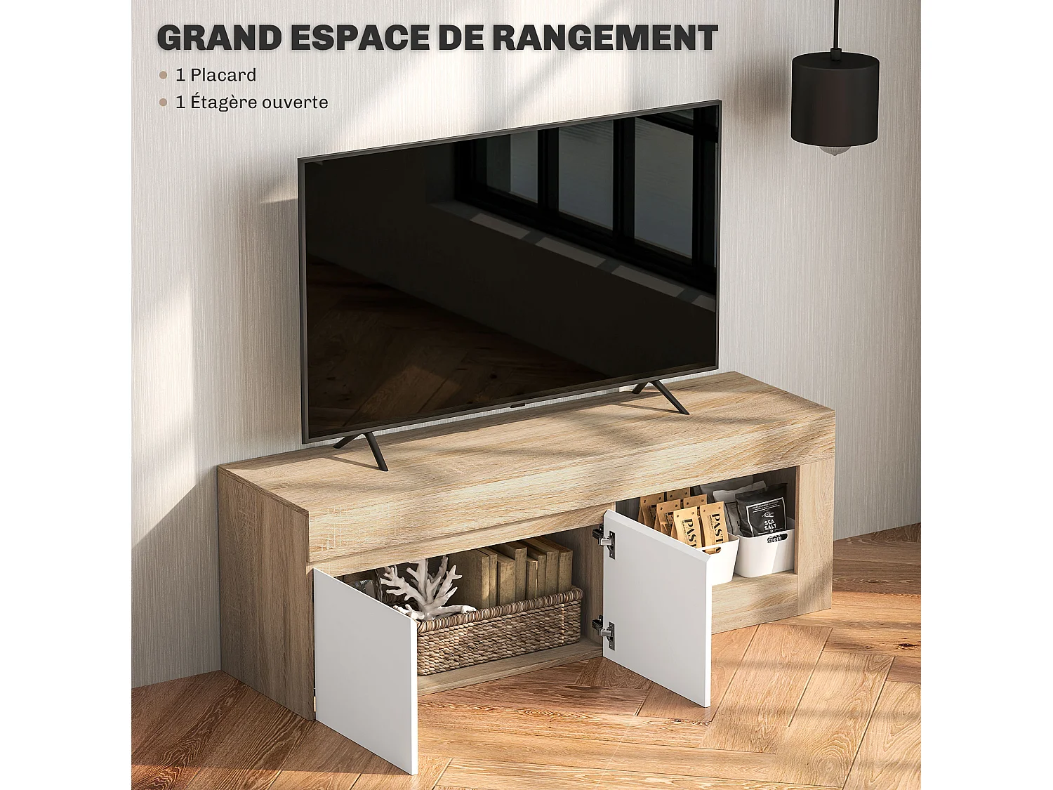 Meuble TV style moderne bicolore 2 portes grande niche dim. 140 x 40 x 48 cm blanc effet bois naturel