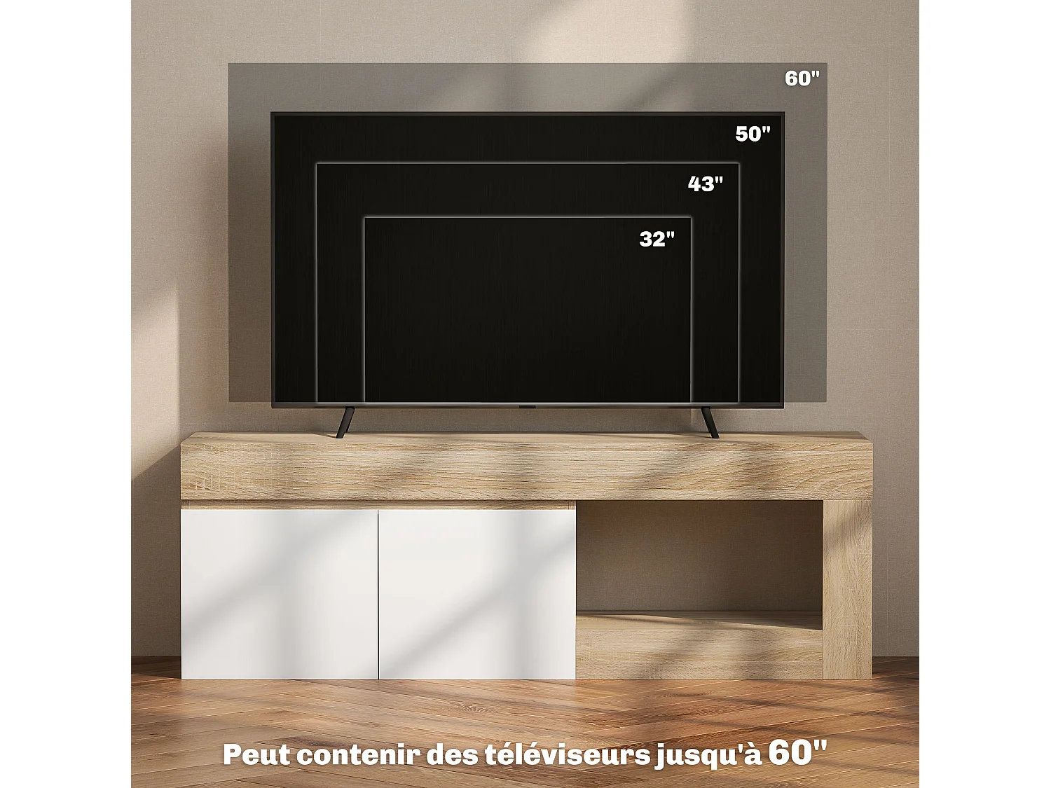 Meuble TV style moderne bicolore 2 portes grande niche dim. 140 x 40 x 48 cm blanc effet bois naturel