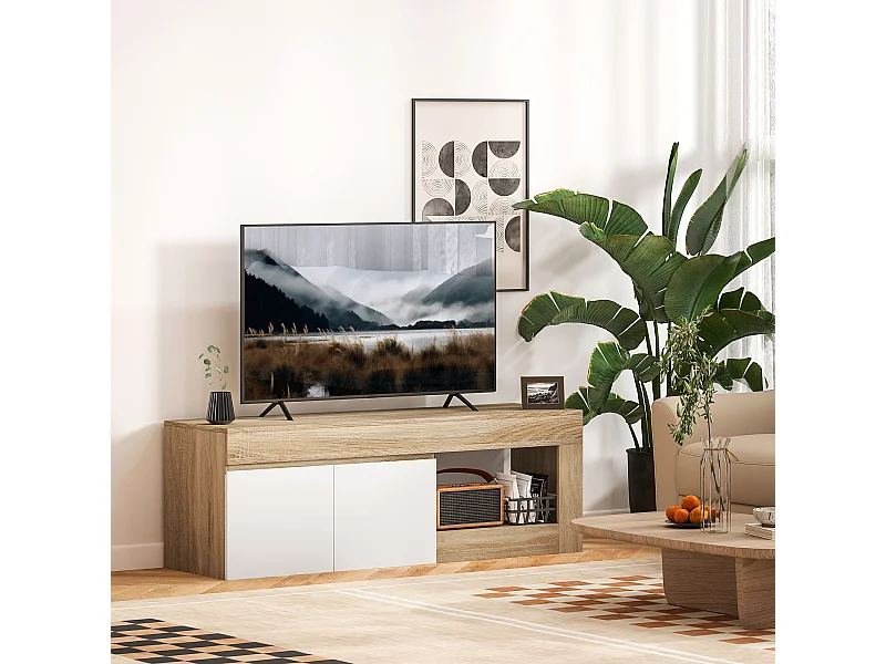 Meuble TV style moderne bicolore 2 portes grande niche dim. 140 x 40 x 48 cm blanc effet bois naturel
