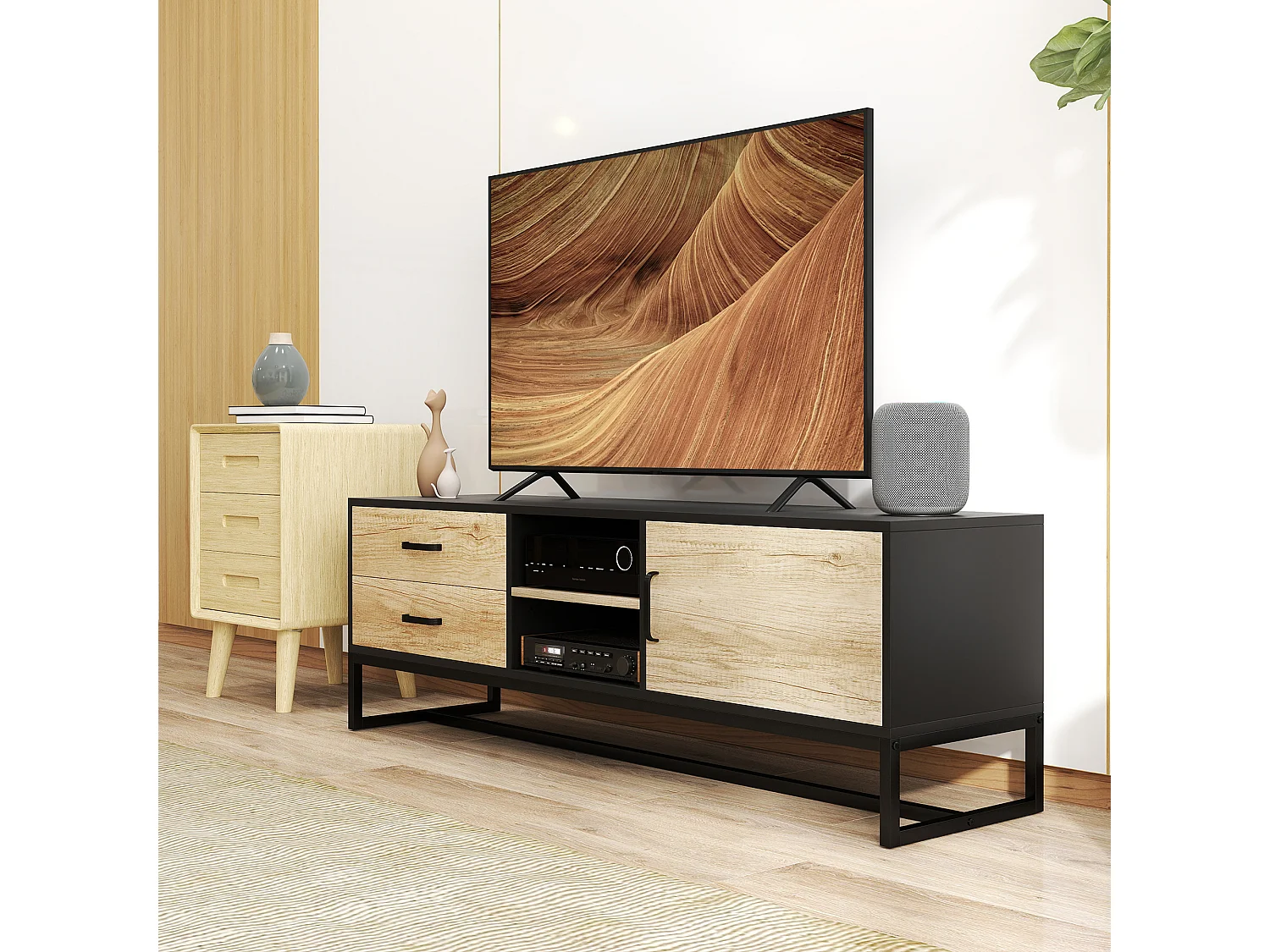 Meuble TV moderne - porte, étagère, 2 tiroirs, 2 niches - acier noir effet bois