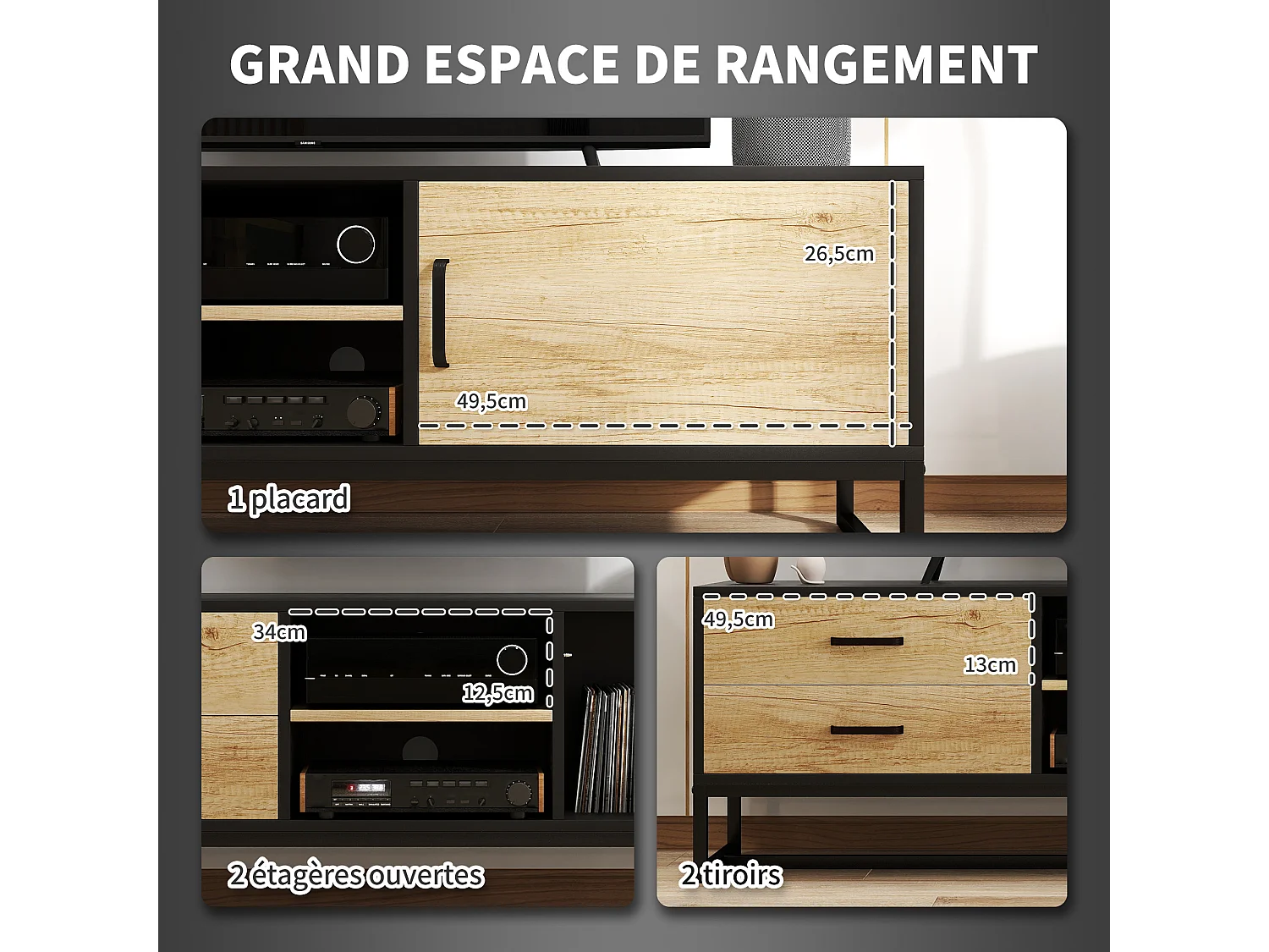 Meuble TV moderne - porte, étagère, 2 tiroirs, 2 niches - acier noir effet bois