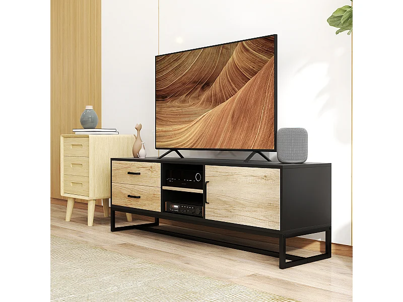 Meuble TV moderne - porte, étagère, 2 tiroirs, 2 niches - acier noir effet bois