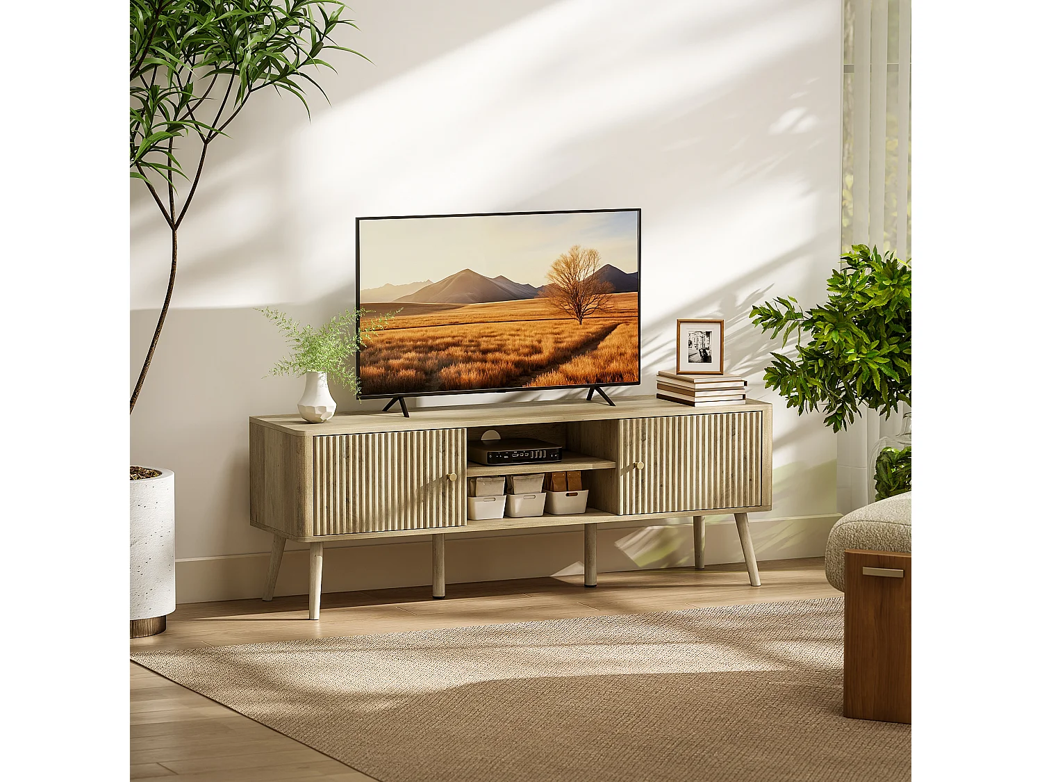 Meuble TV design effet cannelé naturel 2 portes 2 niches bois de pin effet bois clair