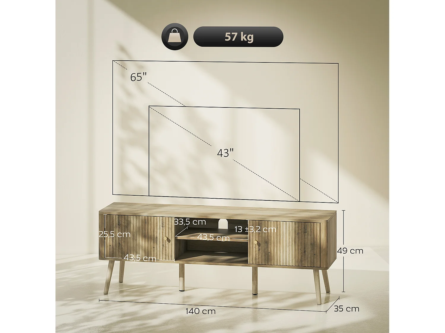 Meuble TV design effet cannelé naturel 2 portes 2 niches bois de pin effet bois clair