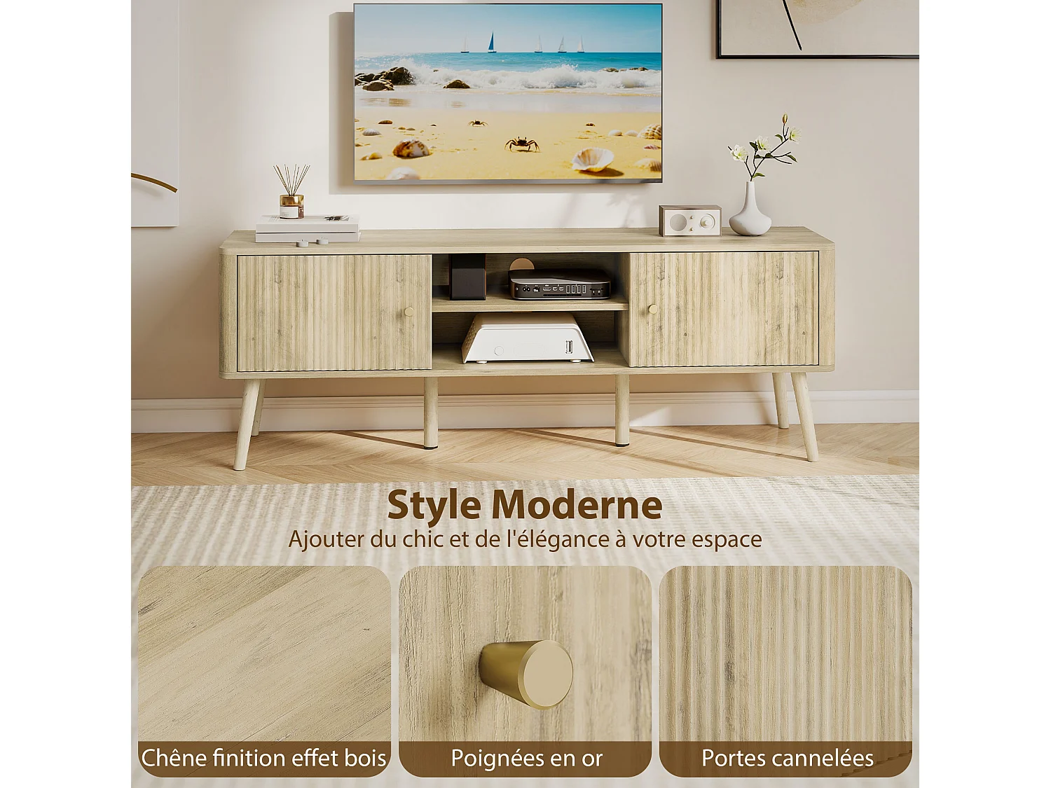 Meuble TV design effet cannelé naturel 2 portes 2 niches bois de pin effet bois clair