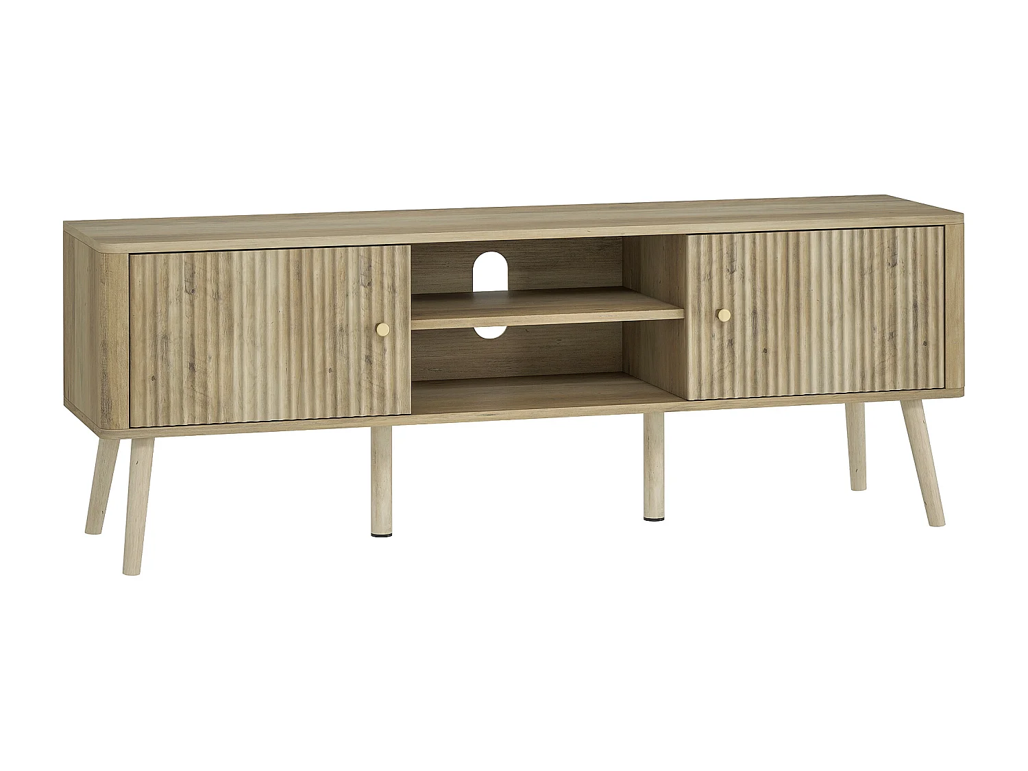 Meuble TV design effet cannelé naturel 2 portes 2 niches bois de pin effet bois clair