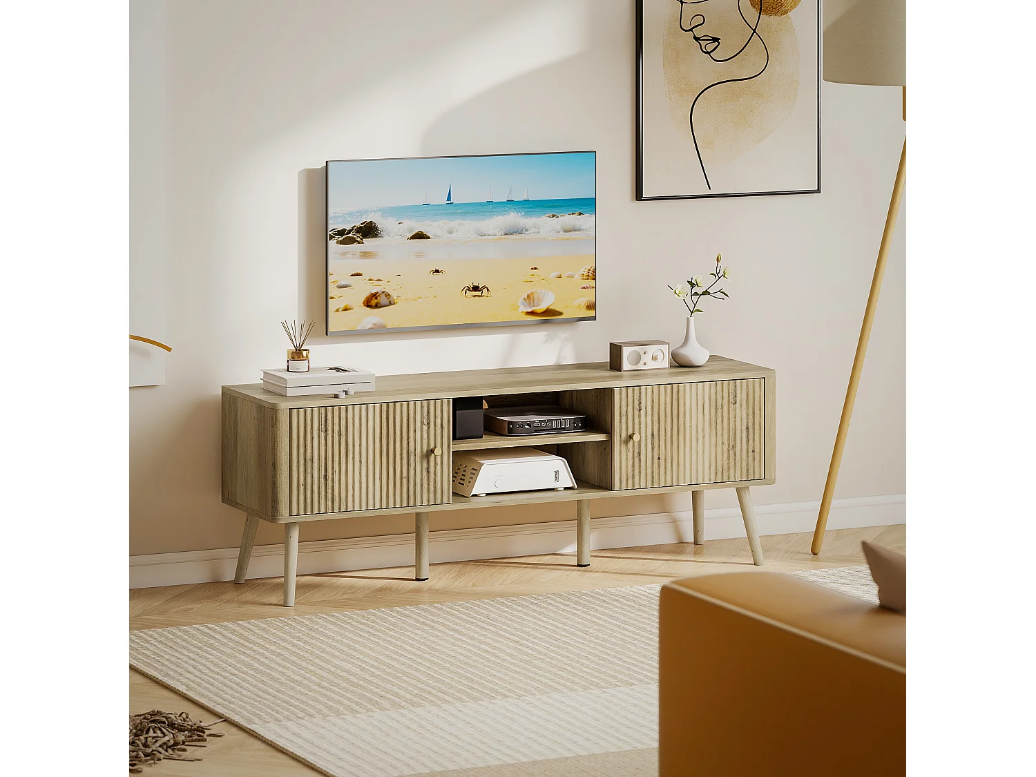 Meuble TV design effet cannelé naturel 2 portes 2 niches bois de pin effet bois clair