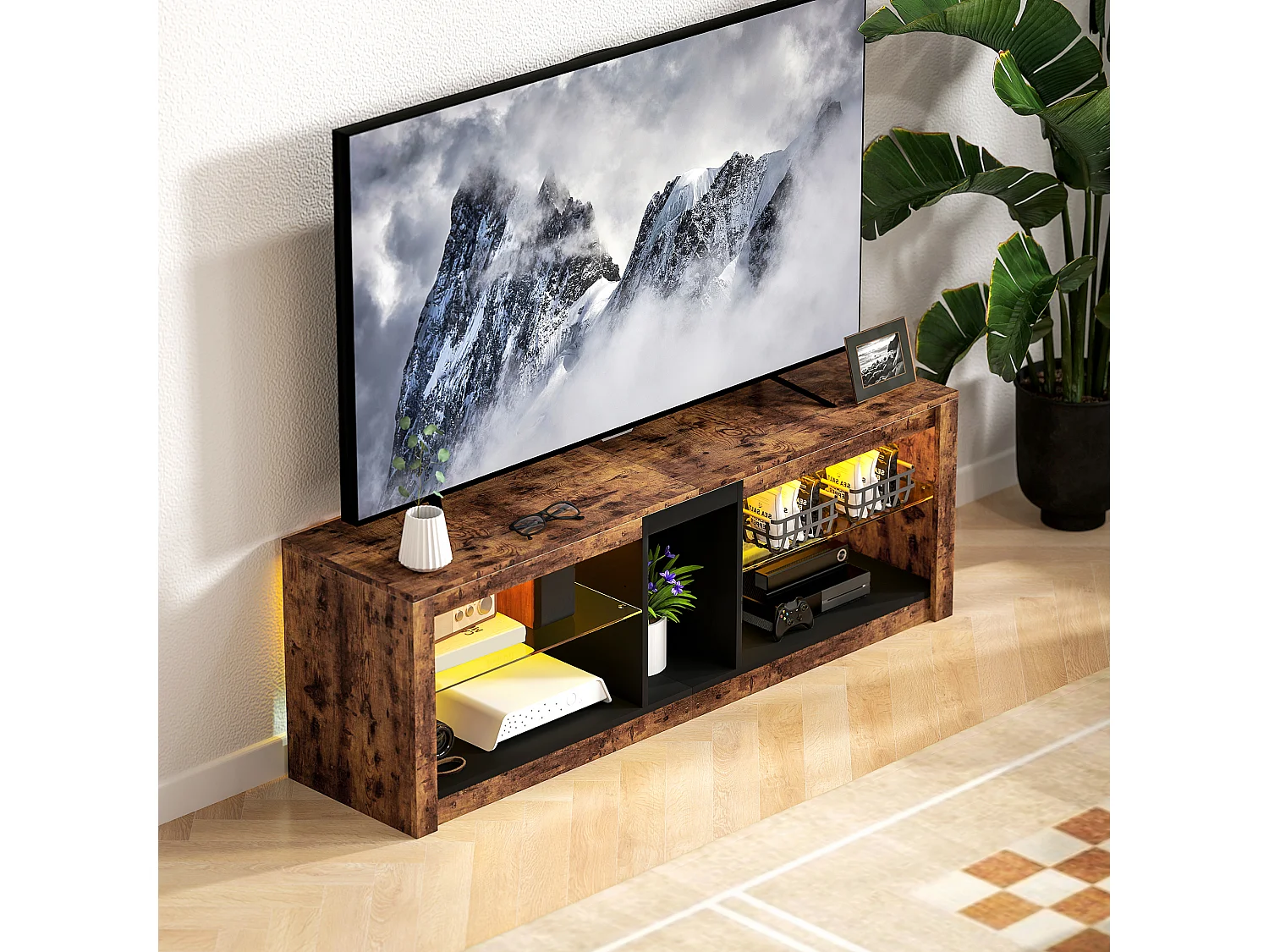 Meuble TV LED avec télécommande - banc TV design industriel - 2 étagères verre, niche centrale - effet bois noir