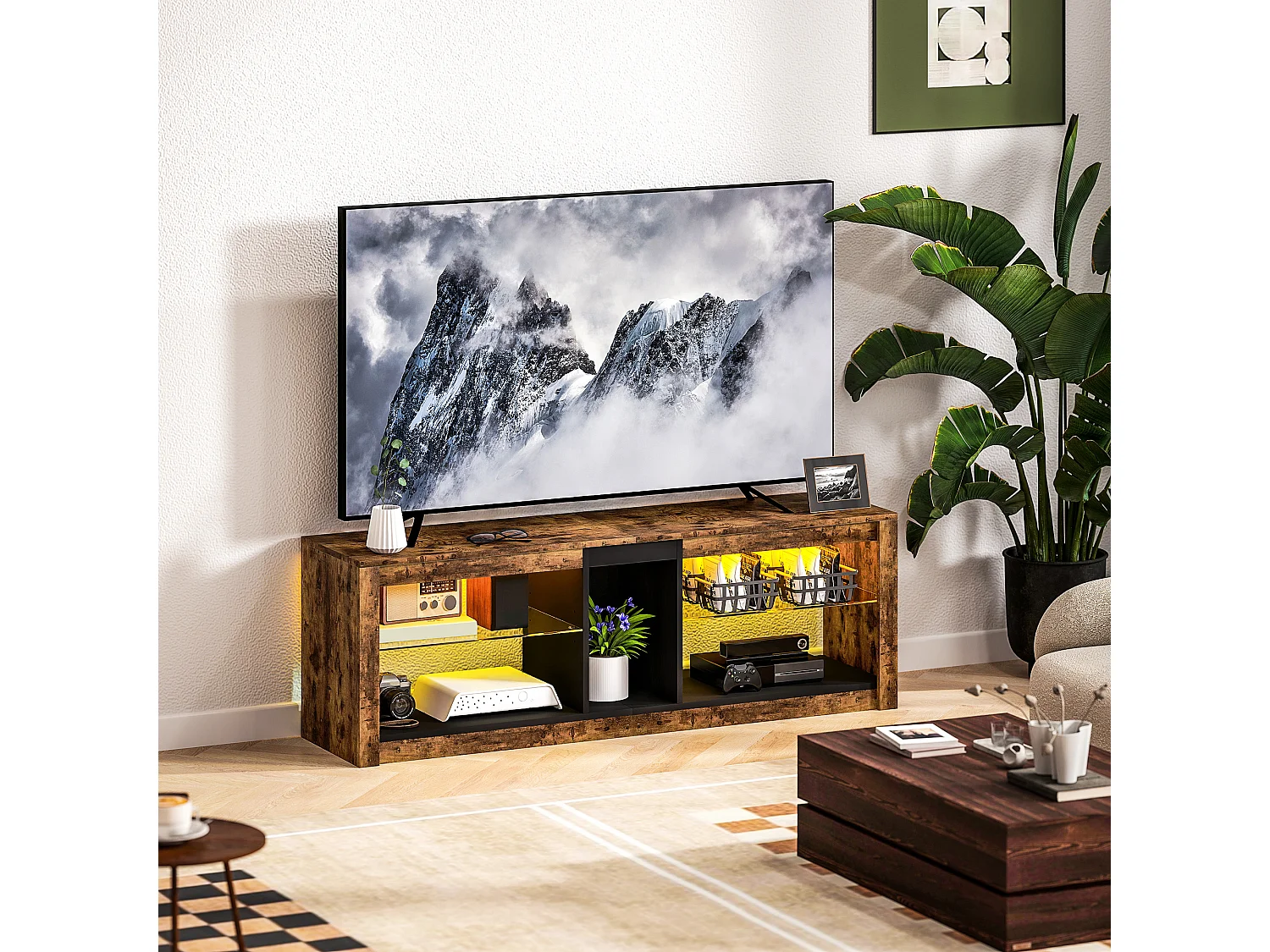 Meuble TV LED avec télécommande - banc TV design industriel - 2 étagères verre, niche centrale - effet bois noir