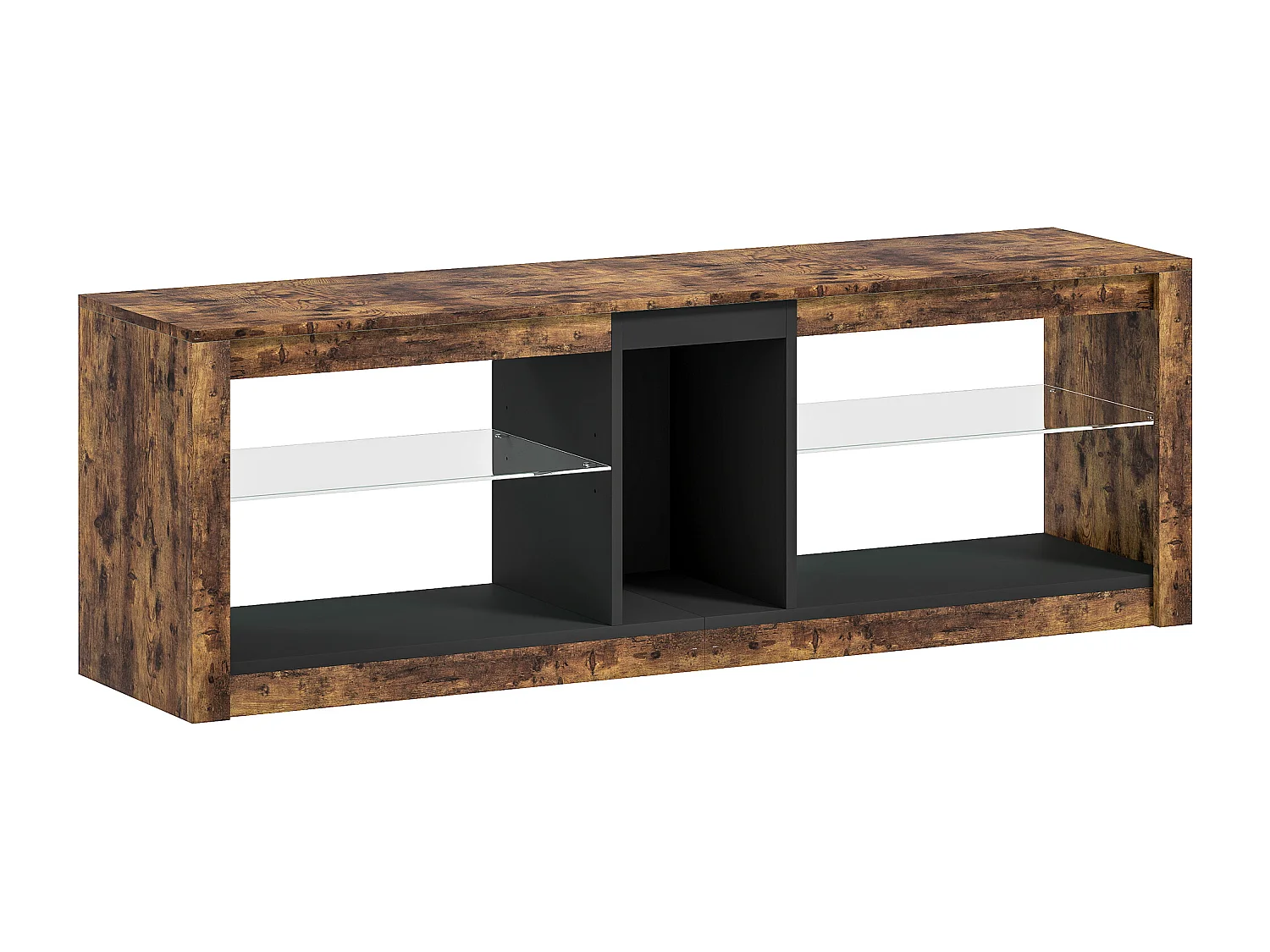 Meuble TV LED avec télécommande - banc TV design industriel - 2 étagères verre, niche centrale - effet bois noir