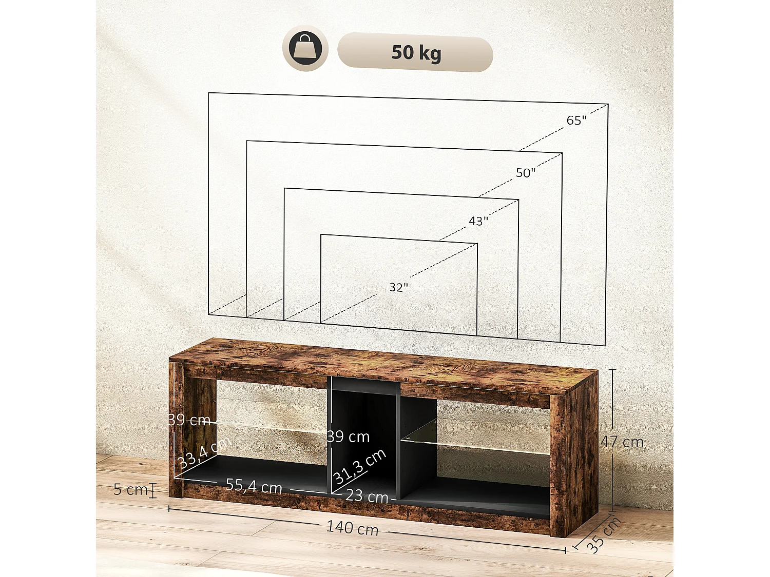 Meuble TV LED avec télécommande - banc TV design industriel - 2 étagères verre, niche centrale - effet bois noir