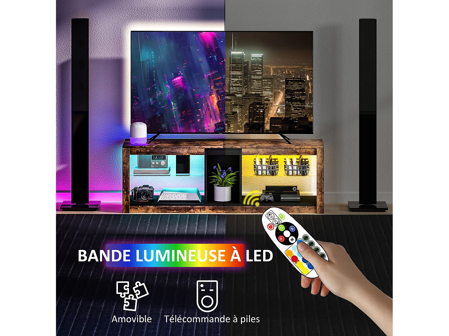 Meuble TV LED avec télécommande - banc TV design industriel - 2 étagères verre, niche centrale - effet bois noir