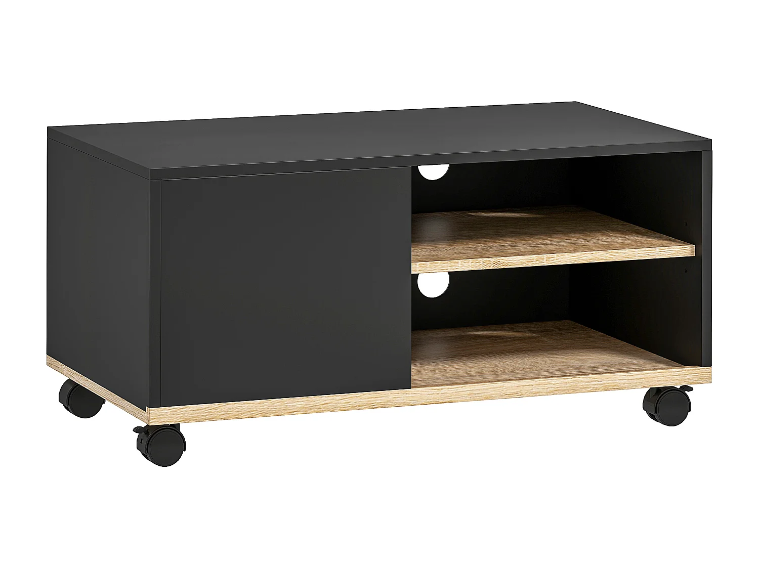 Meuble TV sur roulettes avec 2 freins - 2 niches + placard porte 2 passe-fil - panneaux particules noir chêne clair