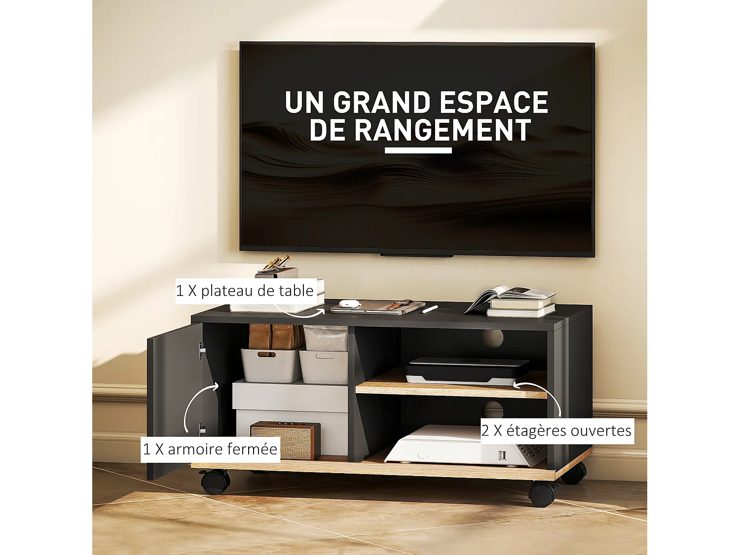 Meuble TV sur roulettes avec 2 freins - 2 niches + placard porte 2 passe-fil - panneaux particules noir chêne clair