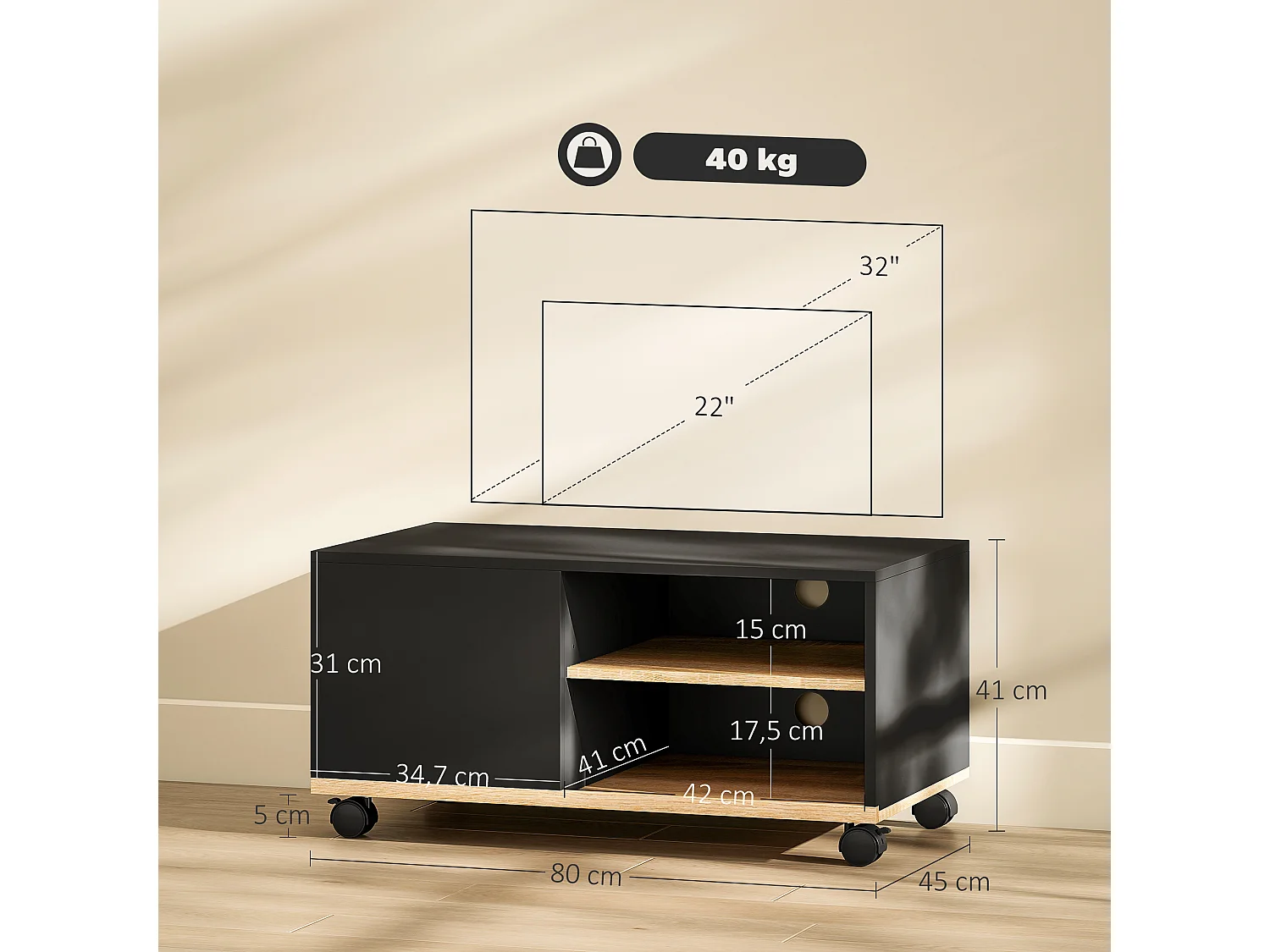 Meuble TV sur roulettes avec 2 freins - 2 niches + placard porte 2 passe-fil - panneaux particules noir chêne clair