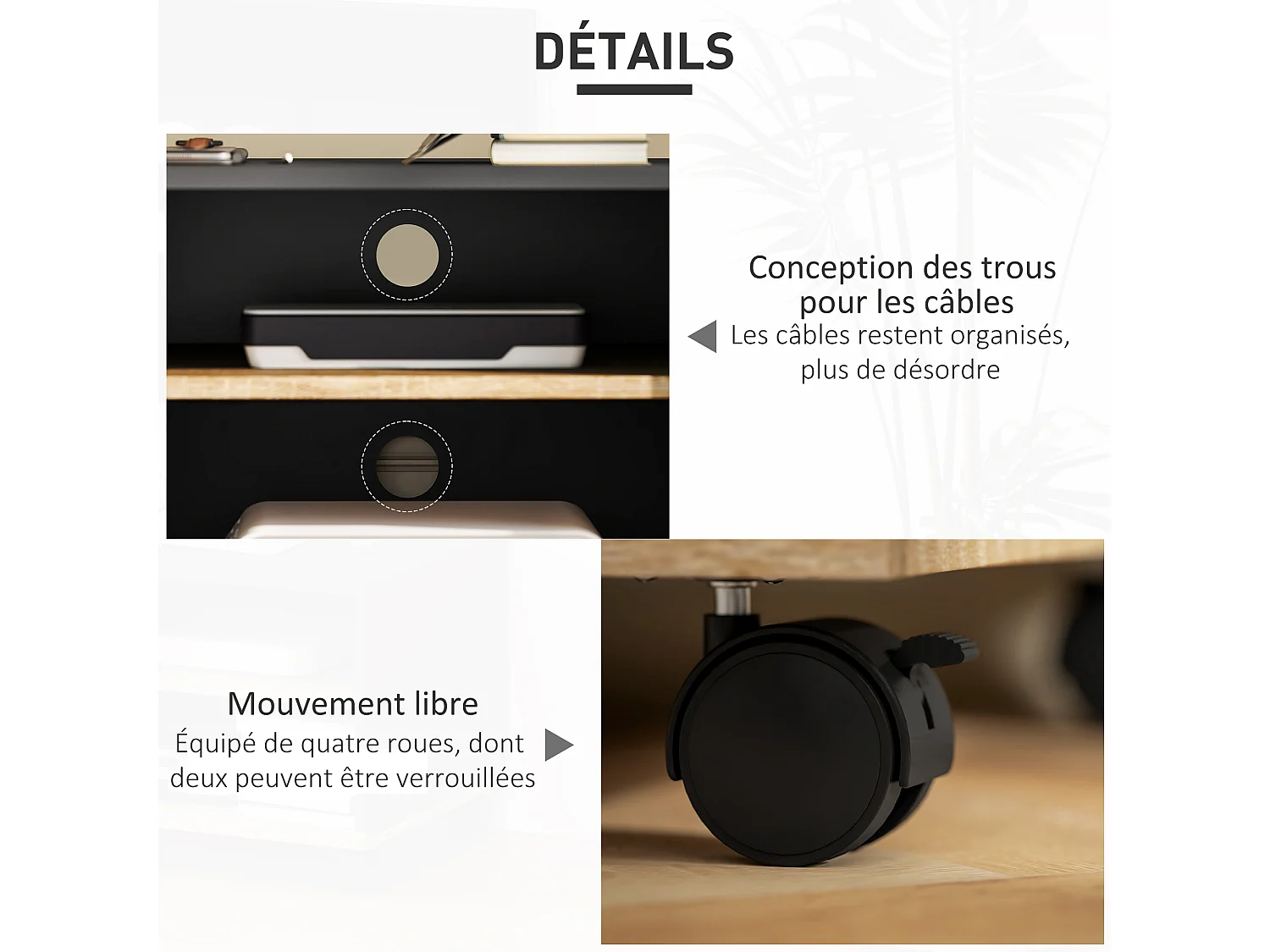 Meuble TV sur roulettes avec 2 freins - 2 niches + placard porte 2 passe-fil - panneaux particules noir chêne clair