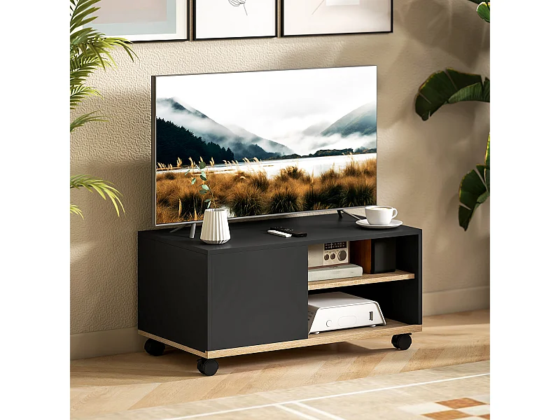 Meuble TV sur roulettes avec 2 freins - 2 niches + placard porte 2 passe-fil - panneaux particules noir chêne clair