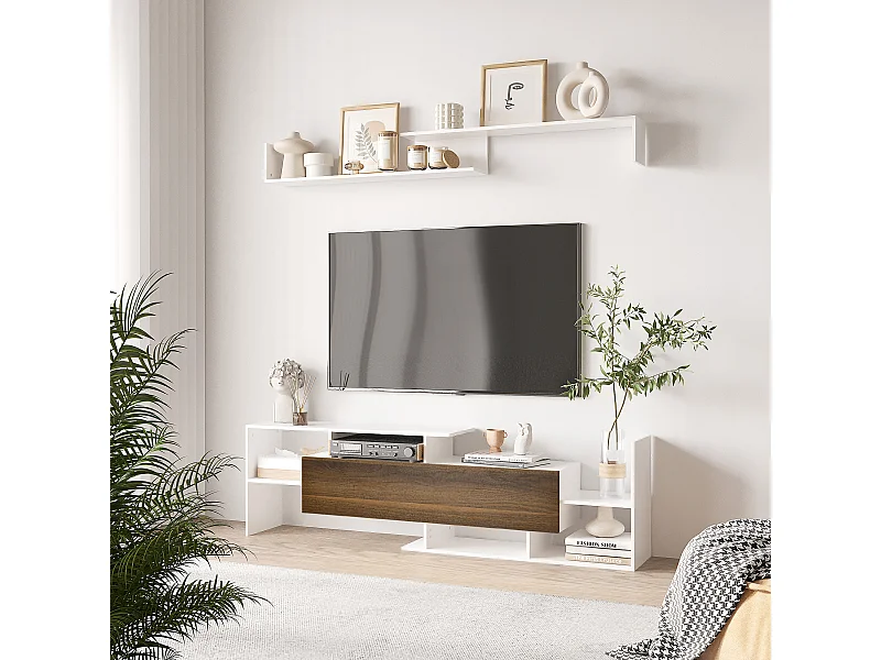 Ensemble meuble TV avec étagère murale style contemporain aspect bois noyer blanc