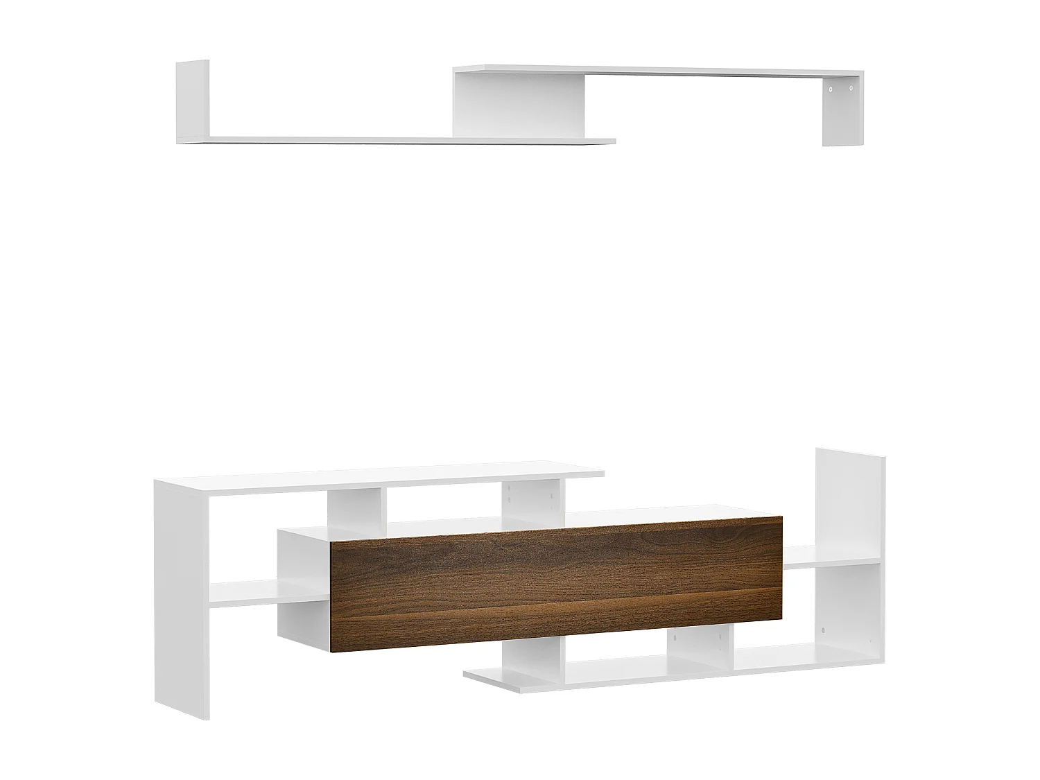 Ensemble meuble TV avec étagère murale style contemporain aspect bois noyer blanc