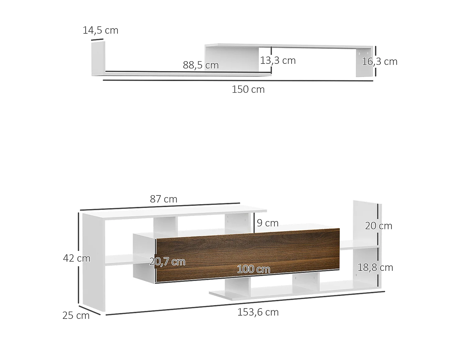 Ensemble meuble TV avec étagère murale style contemporain aspect bois noyer blanc