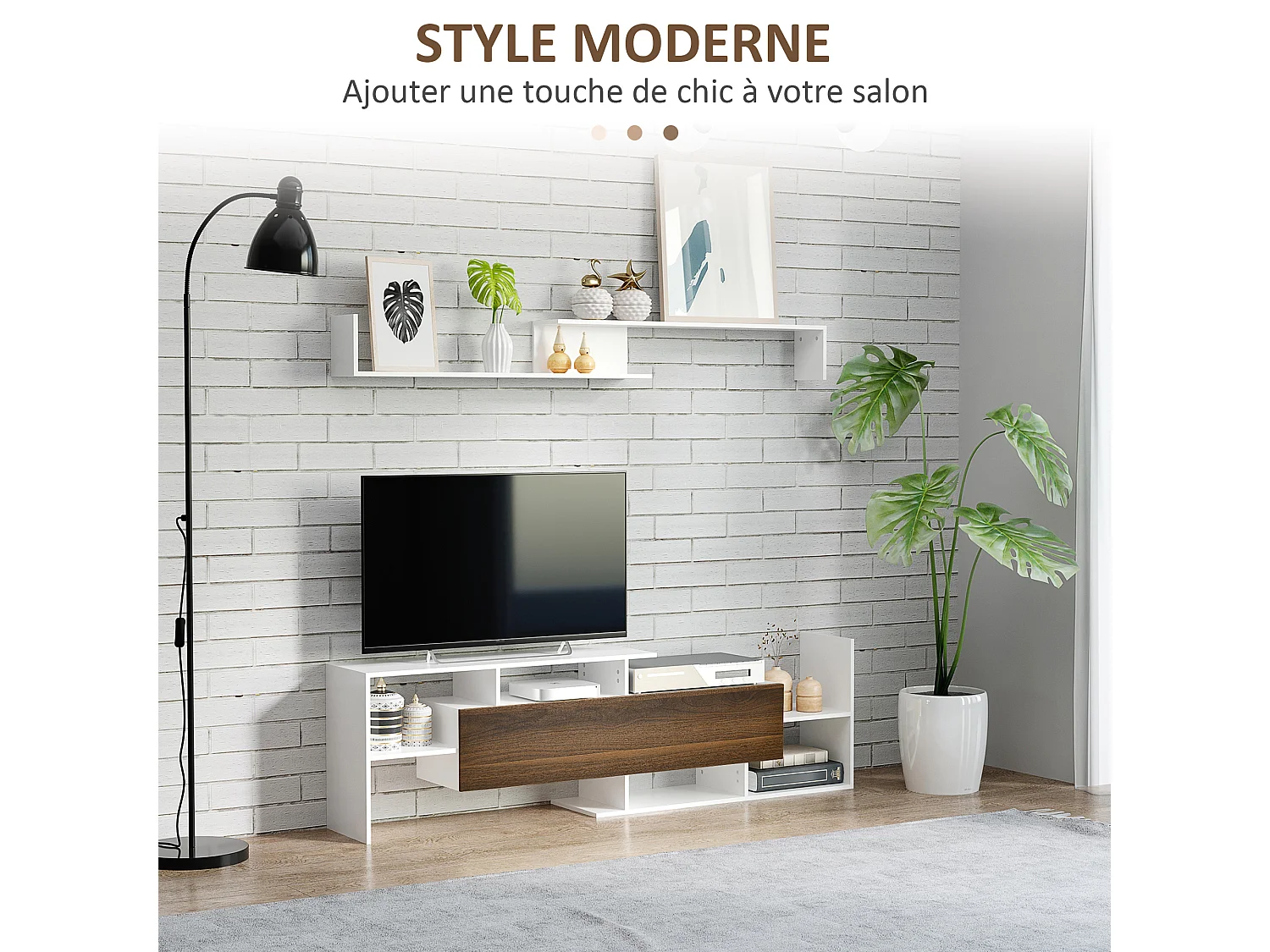 Ensemble meuble TV avec étagère murale style contemporain aspect bois noyer blanc