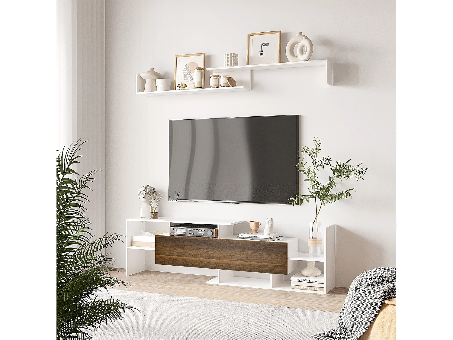 Ensemble meuble TV avec étagère murale style contemporain aspect bois noyer blanc