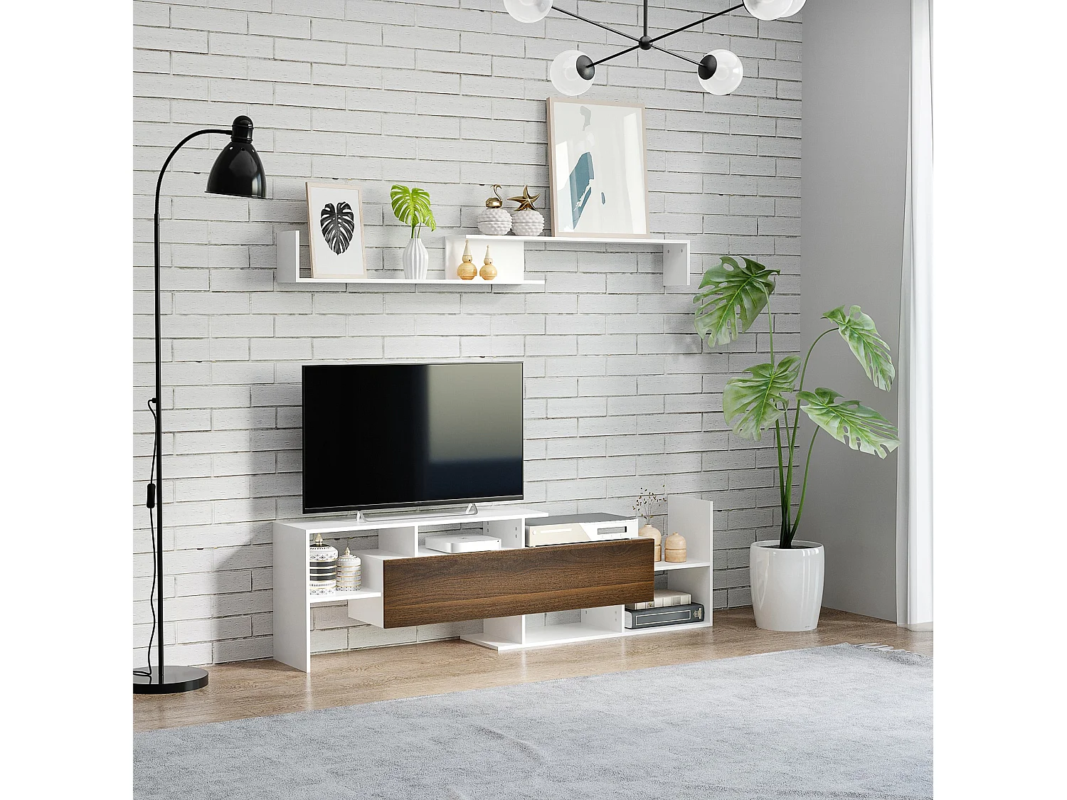 Ensemble meuble TV avec étagère murale style contemporain aspect bois noyer blanc