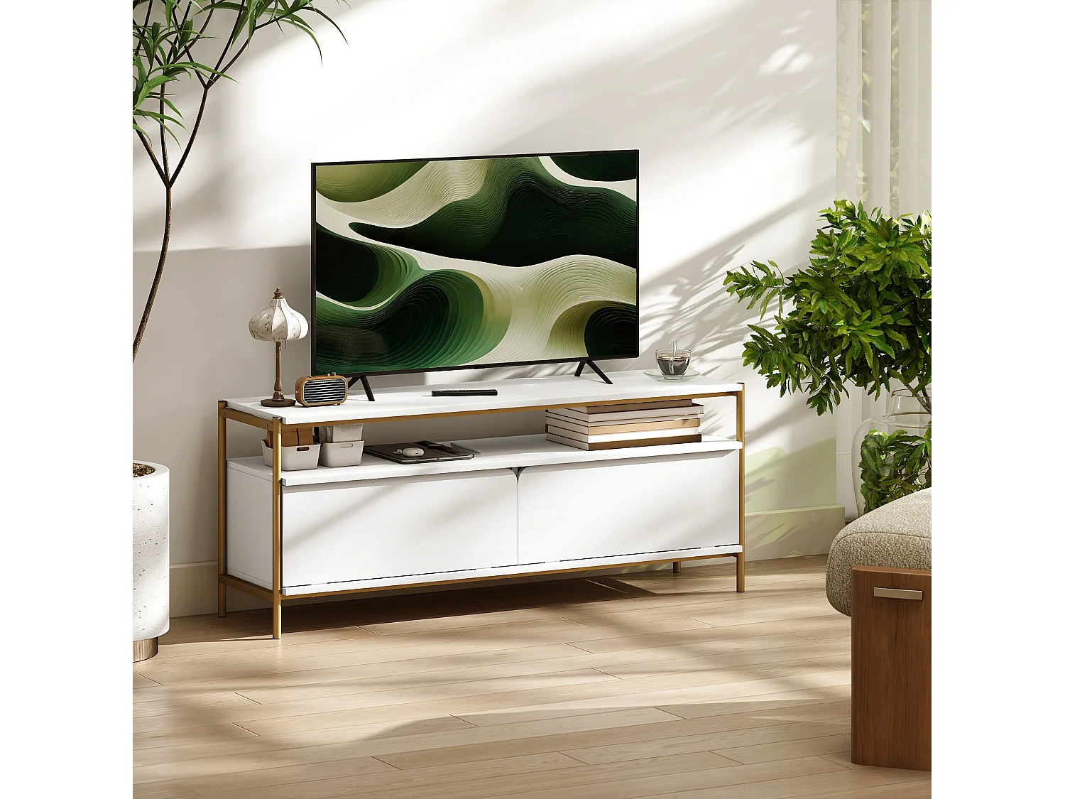 Meuble TV design Art déco 2 portes battantes étagère dim. 124 x 35 x 50 cm acier doré effet bois blanc