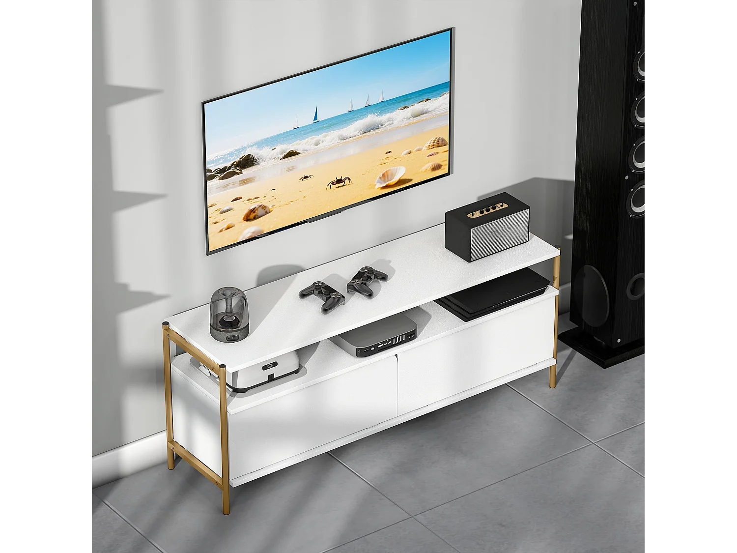 Meuble TV design Art déco 2 portes battantes étagère dim. 124 x 35 x 50 cm acier doré effet bois blanc