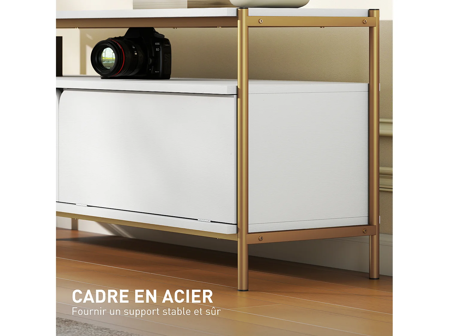 Meuble TV design Art déco 2 portes battantes étagère dim. 124 x 35 x 50 cm acier doré effet bois blanc