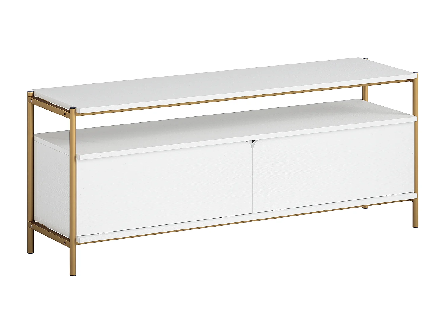 Meuble TV design Art déco 2 portes battantes étagère dim. 124 x 35 x 50 cm acier doré effet bois blanc