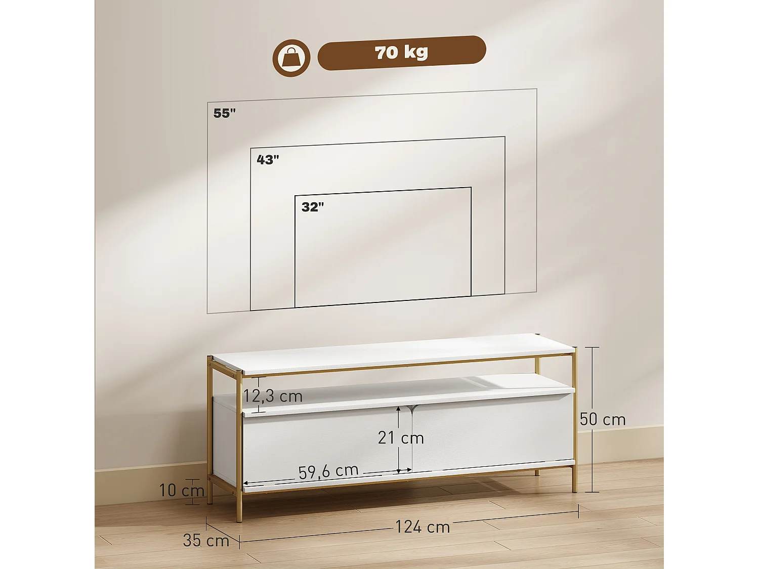 Meuble TV design Art déco 2 portes battantes étagère dim. 124 x 35 x 50 cm acier doré effet bois blanc