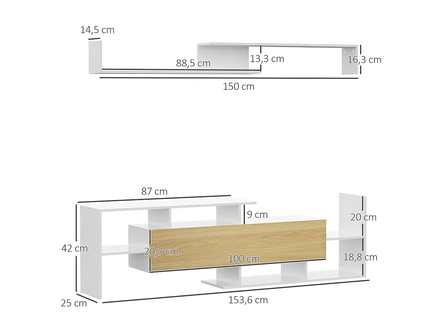 Ensemble meuble TV avec étagère murale style contemporain aspect bois clair blanc