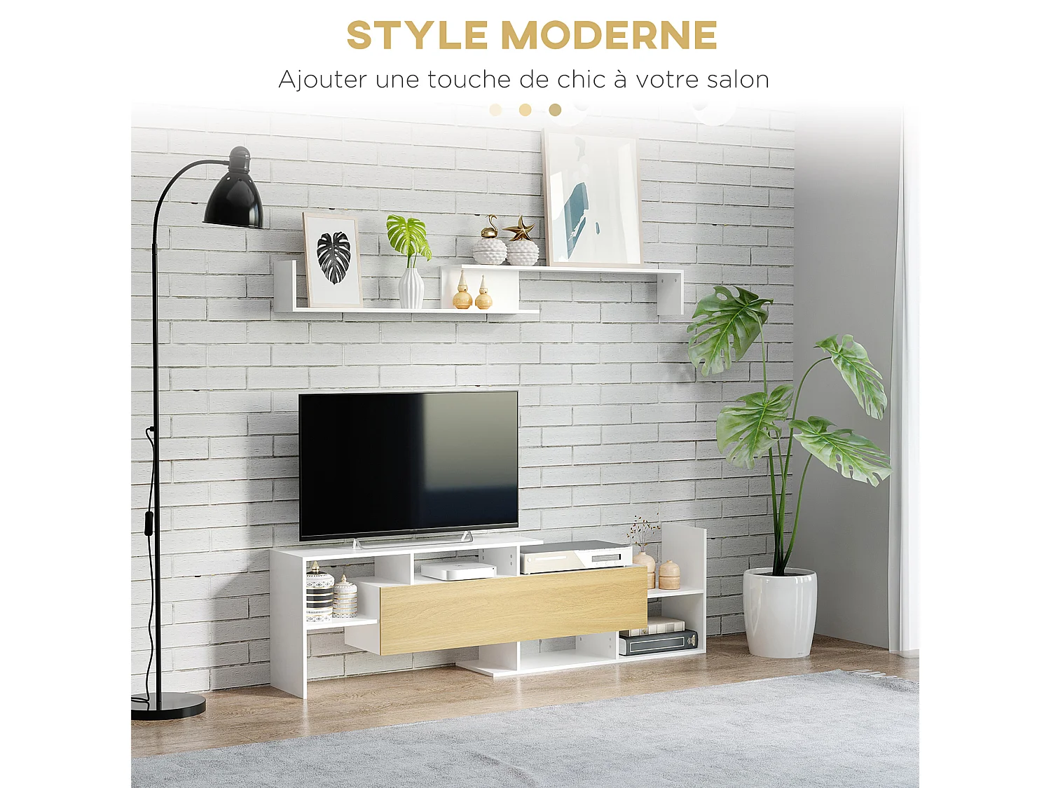 Ensemble meuble TV avec étagère murale style contemporain aspect bois clair blanc
