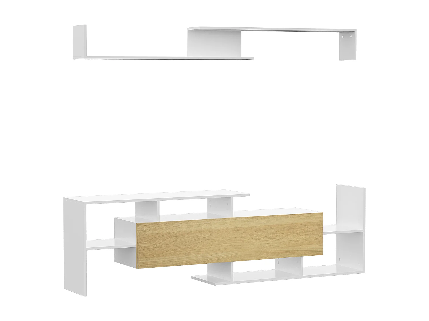 Ensemble meuble TV avec étagère murale style contemporain aspect bois clair blanc