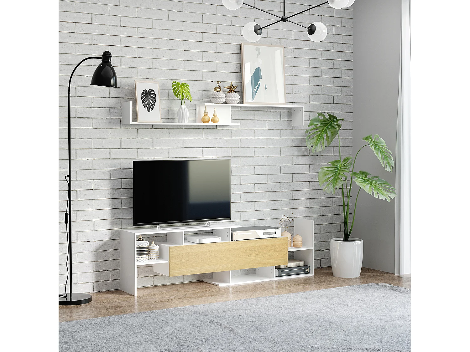 Ensemble meuble TV avec étagère murale style contemporain aspect bois clair blanc