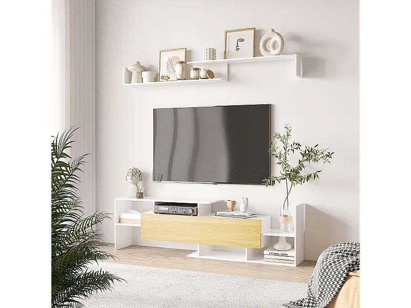 Ensemble meuble TV avec étagère murale style contemporain aspect bois clair blanc