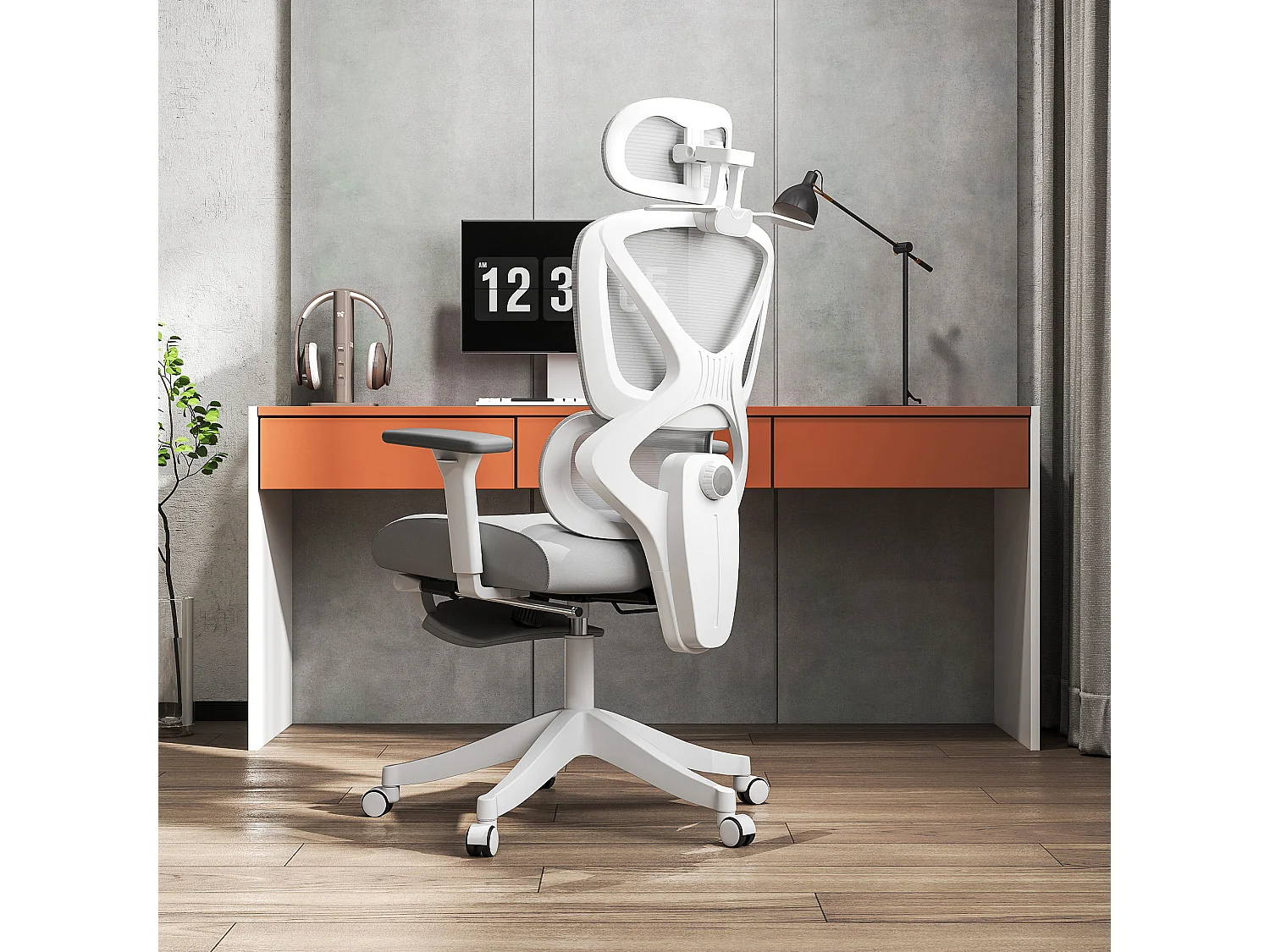 Chaise de bureau ergonomique inclinable support lombaires repose-pied blanc gris