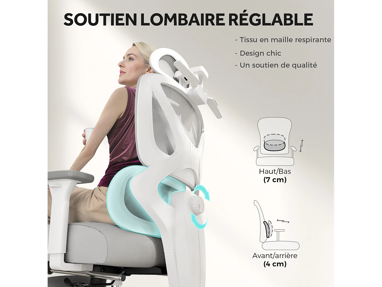 Chaise de bureau ergonomique inclinable support lombaires repose-pied blanc gris