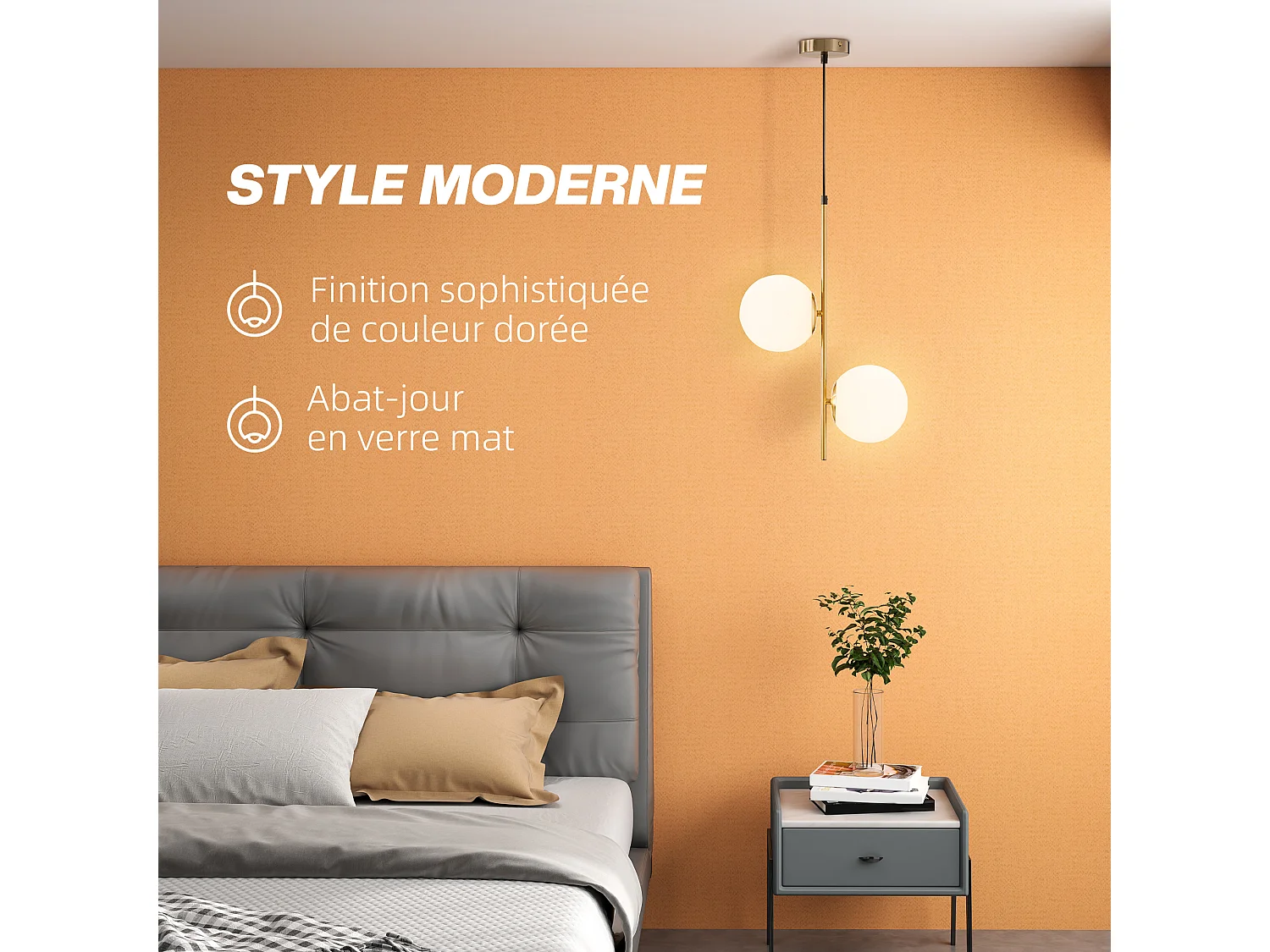 Suspension design néo-rétro 2 globes verre blanc opaque max. 40W métal doré