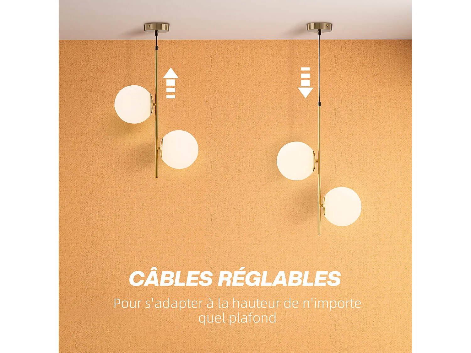 Suspension design néo-rétro 2 globes verre blanc opaque max. 40W métal doré