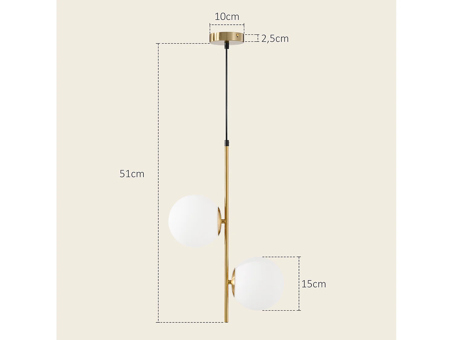 Suspension design néo-rétro 2 globes verre blanc opaque max. 40W métal doré