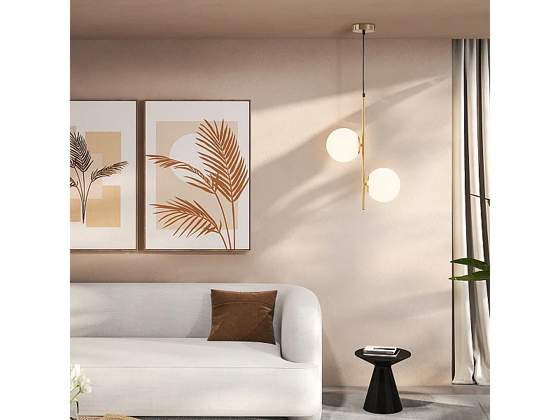 Suspension design néo-rétro 2 globes verre blanc opaque max. 40W métal doré