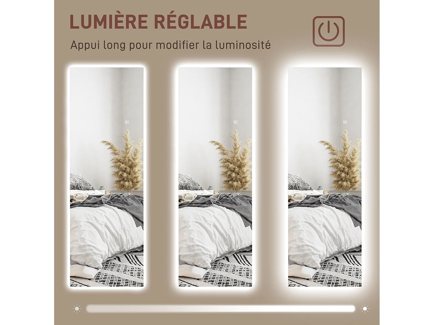Miroir mural LED pleine longueur dim. 40L x 120H cm - miroir LED réglable tactile - verre trempé